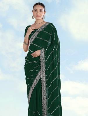 Green georgette embroidery work saree with unstitched blouse piece 4