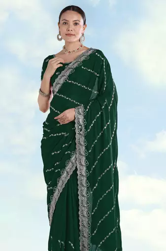 Green georgette embroidery work saree with unstitched blouse piece