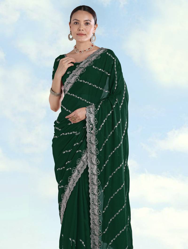 Green georgette embroidery work saree with unstitched blouse piece