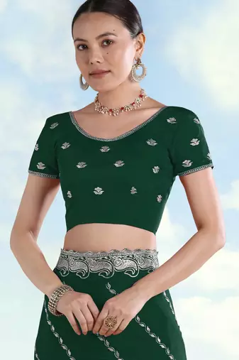 Green georgette embroidery work saree with unstitched blouse piece