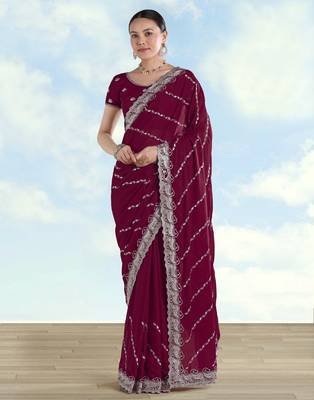 Wine georgette embroidery work saree with unstitched blouse piece 1