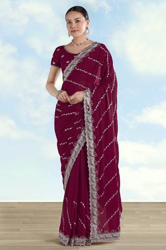 Wine georgette embroidery work saree with unstitched blouse piece