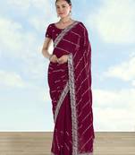 Wine georgette embroidery work saree with unstitched blouse piece