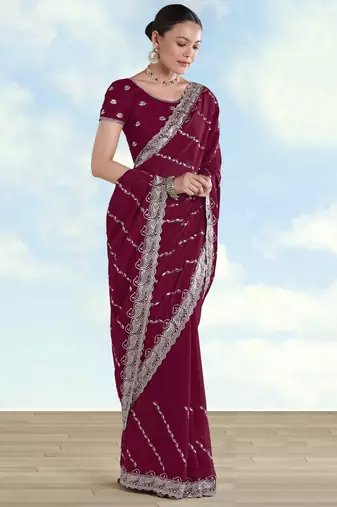 Wine georgette embroidery work saree with unstitched blouse piece