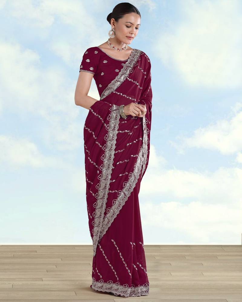 Wine georgette embroidery work saree with unstitched blouse piece