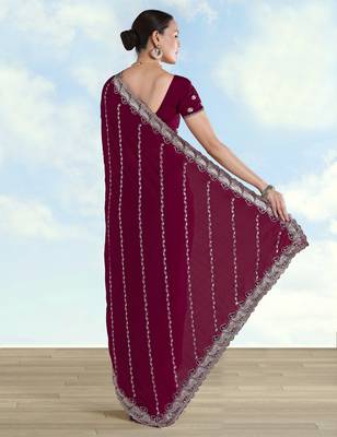 Wine georgette embroidery work saree with unstitched blouse piece 3
