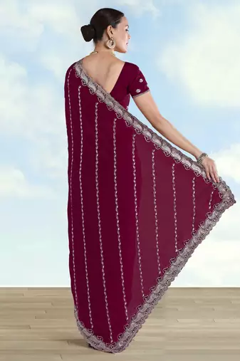 Wine georgette embroidery work saree with unstitched blouse piece