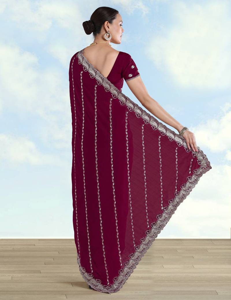 Wine georgette embroidery work saree with unstitched blouse piece