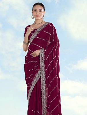 Wine georgette embroidery work saree with unstitched blouse piece 4