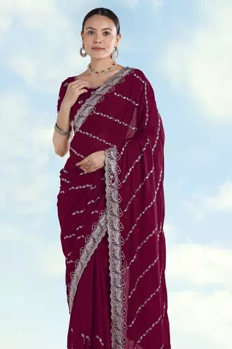 Wine georgette embroidery work saree with unstitched blouse piece