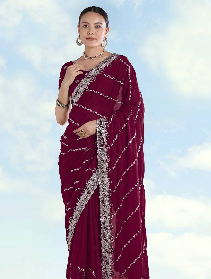 Wine georgette embroidery work saree with unstitched blouse piece
