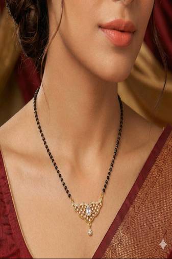 Gold Plated Mangalsutra Set with CZ Solitaire Studs, Traditional Black Bead Necklace
