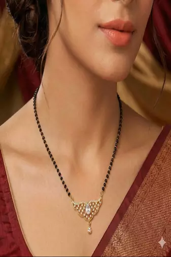 Gold Plated Mangalsutra Set with CZ Solitaire Studs, Traditional Black Bead Necklace