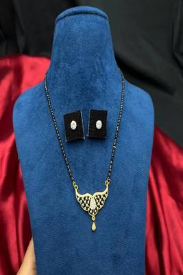 Gold Plated Mangalsutra Set with CZ Solitaire Studs, Traditional Black Bead Necklace 2