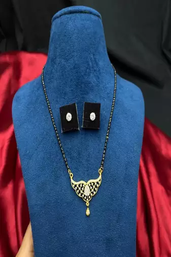 Gold Plated Mangalsutra Set with CZ Solitaire Studs, Traditional Black Bead Necklace