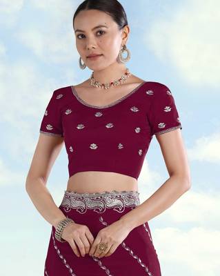 Wine georgette embroidery work saree with unstitched blouse piece 5