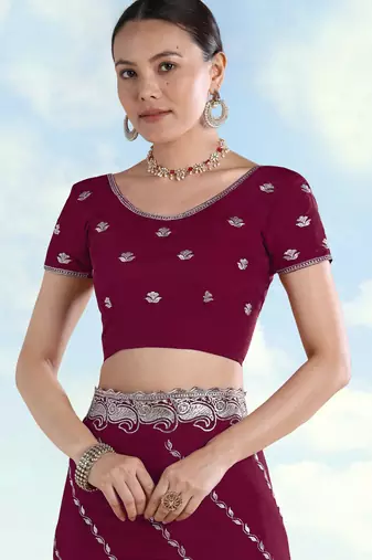 Wine georgette embroidery work saree with unstitched blouse piece