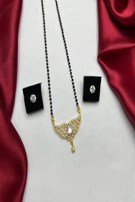 Gold Plated Mangalsutra Set with CZ Solitaire Studs, Traditional Black Bead Necklace 3