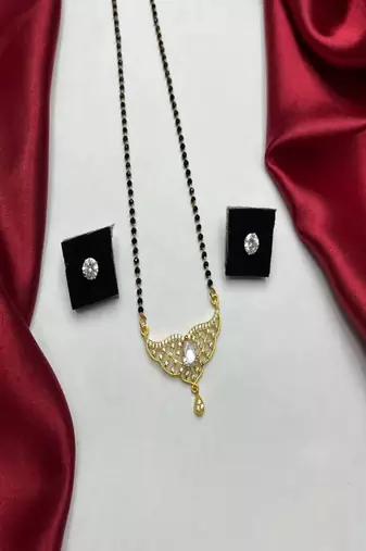 Gold Plated Mangalsutra Set with CZ Solitaire Studs, Traditional Black Bead Necklace