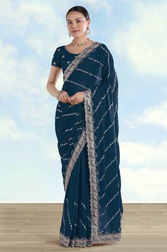 Morpich georgette embroidery work saree with unstitched blouse piece