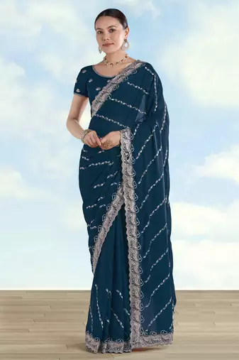 Morpich georgette embroidery work saree with unstitched blouse piece