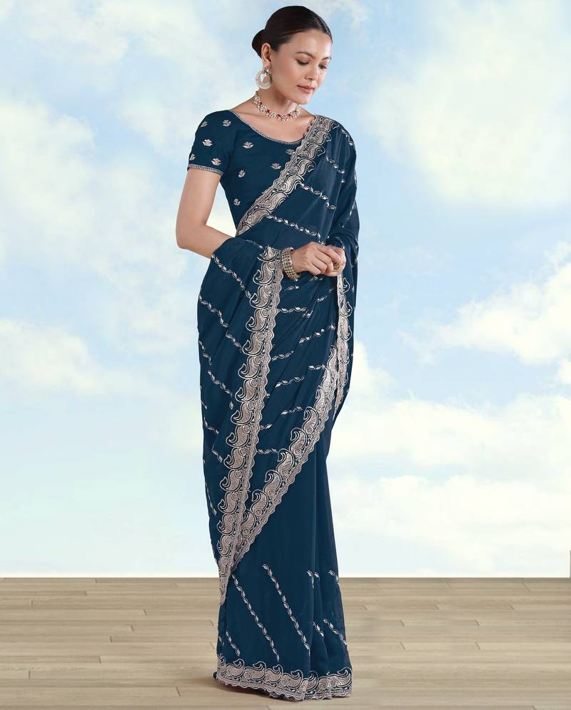 Morpich georgette embroidery work saree with unstitched blouse piece
