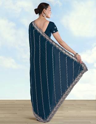 Morpich georgette embroidery work saree with unstitched blouse piece 3