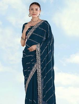 Morpich georgette embroidery work saree with unstitched blouse piece 4