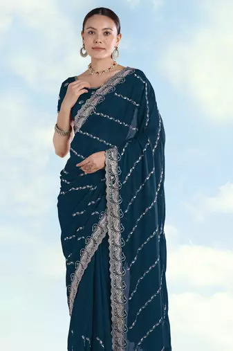 Morpich georgette embroidery work saree with unstitched blouse piece