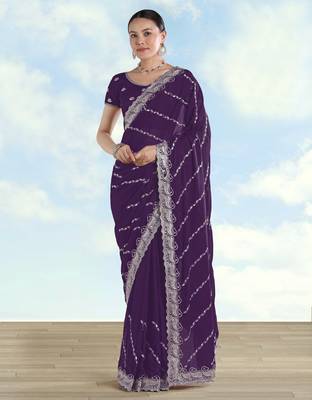 Purple georgette embroidery work saree with unstitched blouse piece 1
