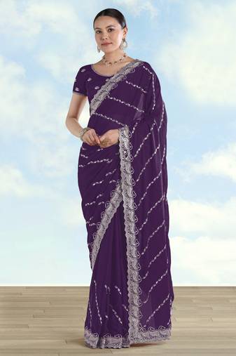 Purple georgette embroidery work saree with unstitched blouse piece