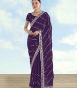 Purple georgette embroidery work saree with unstitched blouse piece