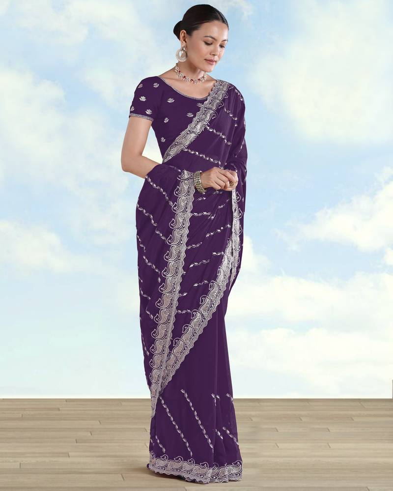 Purple georgette embroidery work saree with unstitched blouse piece