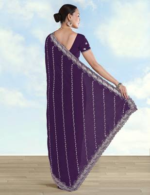 Purple georgette embroidery work saree with unstitched blouse piece 3