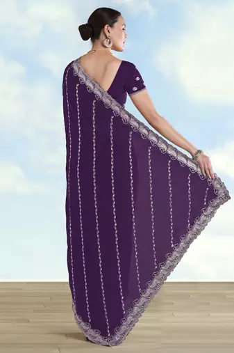 Purple georgette embroidery work saree with unstitched blouse piece