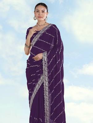 Purple georgette embroidery work saree with unstitched blouse piece 4