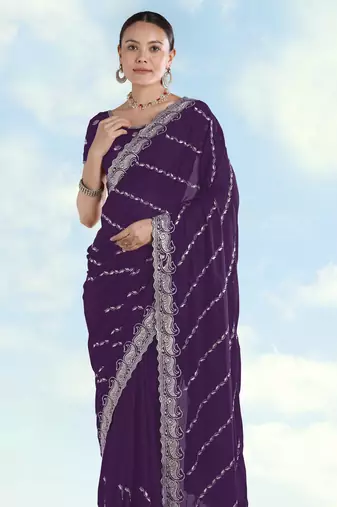 Purple georgette embroidery work saree with unstitched blouse piece