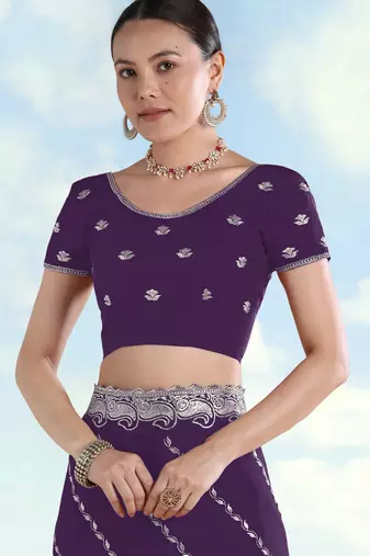 Purple georgette embroidery work saree with unstitched blouse piece