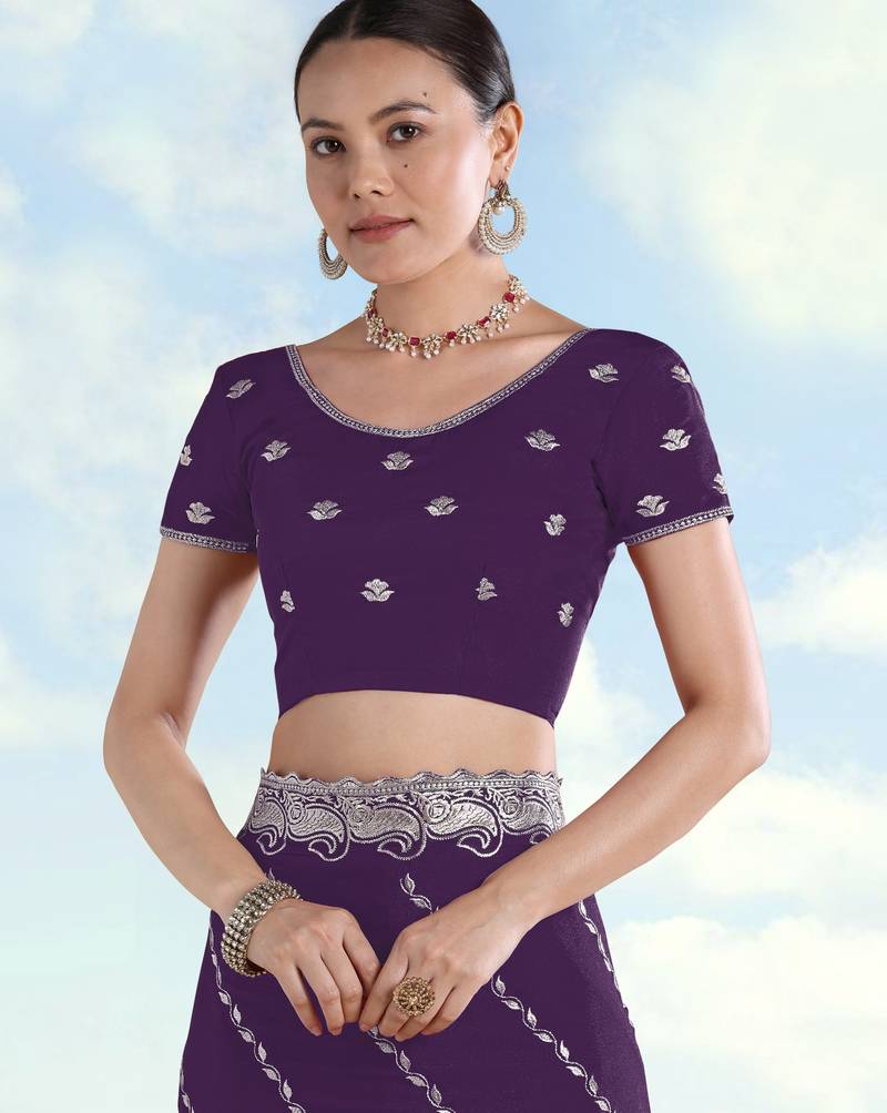 Purple georgette embroidery work saree with unstitched blouse piece