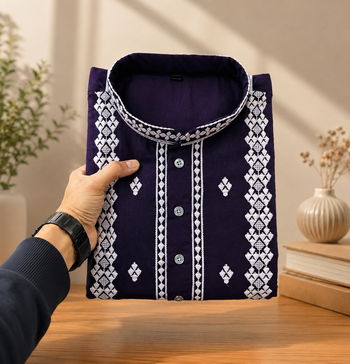 Purple color embroidery and silver sequence work silk men's kurta payjama set 3