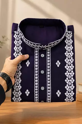 Purple color embroidery and silver sequence work silk men's kurta payjama set