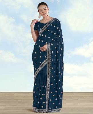 Morpich georgette embroidery work saree with unstitched blouse piece 2
