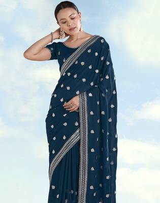 Morpich georgette embroidery work saree with unstitched blouse piece 4