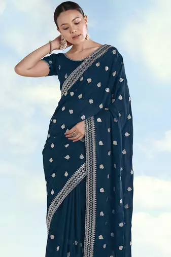 Morpich georgette embroidery work saree with unstitched blouse piece