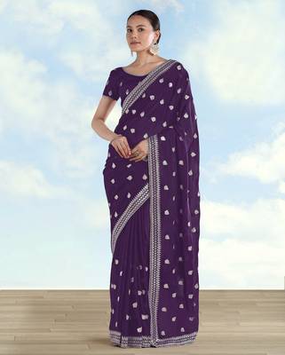 Purple georgette embroidery work saree with unstitched blouse piece 1