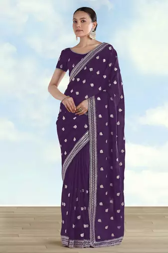 Purple georgette embroidery work saree with unstitched blouse piece