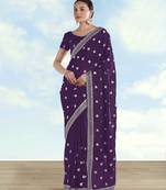 Purple georgette embroidery work saree with unstitched blouse piece