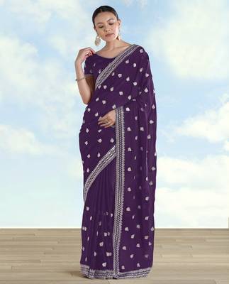 Purple georgette embroidery work saree with unstitched blouse piece 2
