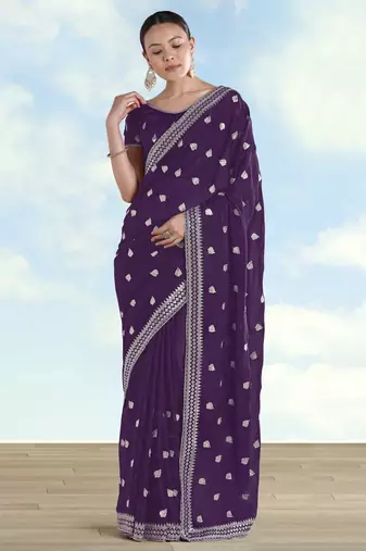 Purple georgette embroidery work saree with unstitched blouse piece
