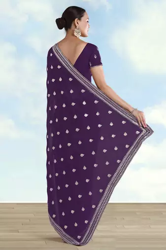 Purple georgette embroidery work saree with unstitched blouse piece